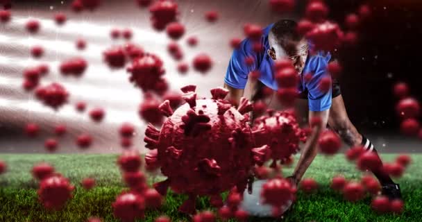 Animation Virus Cells Biracial Male Rugby Player Stadium Spot Competition — Vídeo de Stock