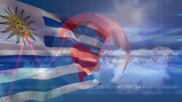 Animacja Przetwarzania Danych Finansowych Globu Nad Flagą Urugwaju Koncepcja Globalnego — Wideo stockowe