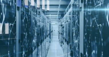 Bilgisayar sunucularıyla teknoloji odasında istatistik kaydı ve veri işleme görüntüsü. dijital arayüz, küresel teknoloji, bağlantı ve iletişim konsepti dijital olarak oluşturulmuş görüntü.