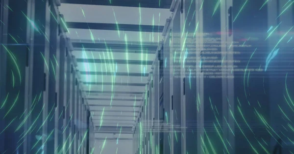 Image of digital interface with data processing and glowing lights over server room. Global digital network technology security concept digitally generated image.