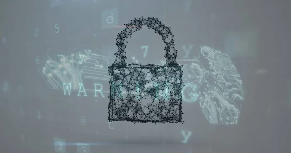 Image of changing numbers and letters over online cloud and security padlock. global internet security, data processing, connections and digital interface concept digitally generated image.
