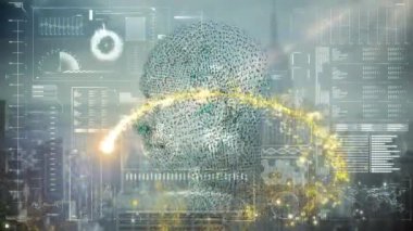 Şehir manzarası ve veri işleme üzerinden dijital insan animasyonu. küresel iş, bağlantılar ve dijital arayüz konsepti dijital olarak oluşturulmuş video.