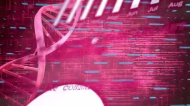 Kırmızı zemin üzerinde DNA ipliği üzerinde grafik ve veri işleme animasyonu. Küresel teknoloji, bilgisayar ve dijital arayüz kavramı dijital olarak oluşturulmuş video.