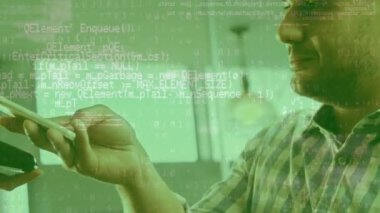 Data processing against caucasian man making a payment using his smartphone. Nft and digital payment technology concept