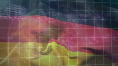 Almanya bayrağı üzerinde finansal veri işleme animasyonu. Küresel iş, finans, veri işleme ve ağ konsepti dijital olarak oluşturulmuş video.