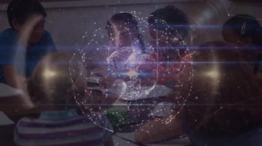 Dersler sırasında çeşitli öğrenciler üzerinde bağlantılar ve numaralardan oluşan dünyanın animasyonu. Okul, eğitim, bağlantılar ve dijital olarak oluşturulmuş öğrenme konsepti.