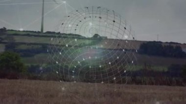 Rüzgâr türbiniyle bağlantıların ve yeryüzündeki yerkürenin animasyonu. Küresel yeşil enerji, eko farkındalık ve bağlantılar konsepti dijital olarak oluşturulmuş video.