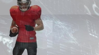Dijital ekranın animasyonu ve çeşitli erkek Amerikan futbolcuların verileri. Spor, rekabet, veri işleme ve teknoloji konsepti dijital olarak oluşturulmuş video.