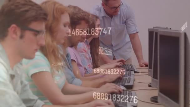 Animation Numbers Caucasian Male Teacher Students Using Computers School Education — 图库视频影像