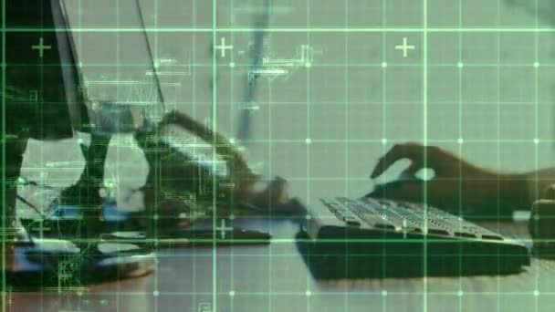 Animation Data Processing Digital Screen Hands Caucasian Man Using Keyboard — Stock videók