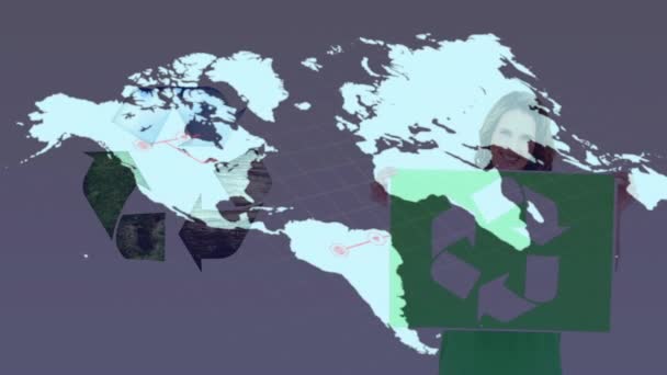Animacja Mapy Świata Nad Białą Kobietą Trzymającą Symbol Recyklingu Białym — Wideo stockowe