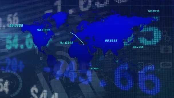 Animação Processamento Dados Mapa Mundo Sobre Fundo Azul Conceito Global — Vídeo de Stock