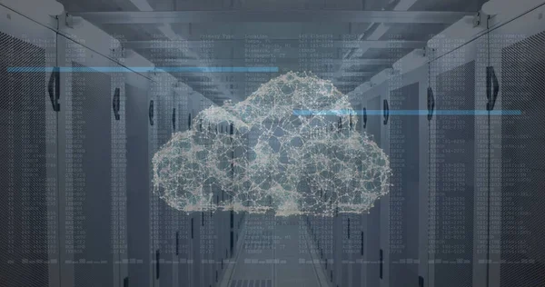 Cloud of network of connections and data processing against empty server room. cloud network and server technology concept