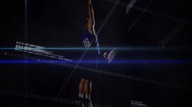 Çift ırklı basketbol oyuncusu üzerinden veri işleme ve ışık izlerinin animasyonu. global spor, bağlantılar ve dijital arayüz konsepti dijital olarak oluşturulmuş video.