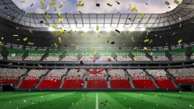 Spor stadyumunun üzerine düşen konfeti animasyonu. Spor, rekabet ve dijital olarak üretilen video konsepti.