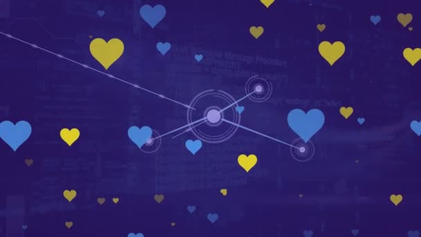 Animation Yellow Blue Hearts Falling Network Connections Blue Background Ukraine — Stok video