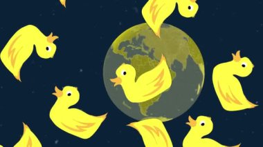 Animation of duck icons and snow falling over globe on black background. global business, computing and digital interface concept digitally generated video.