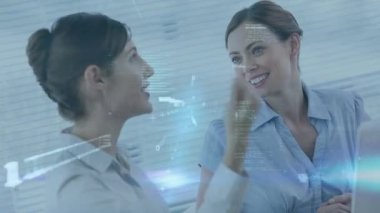 Animation of data processing over diverse business people using phone headsets. global business, computing and digital interface concept digitally generated video.