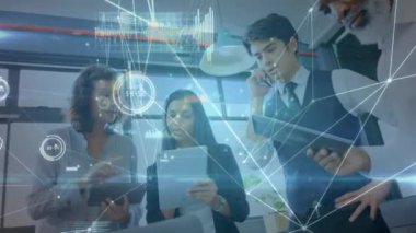 Animation of network of connections over diverse business people in office. global business, connections and digital interface concept digitally generated video.