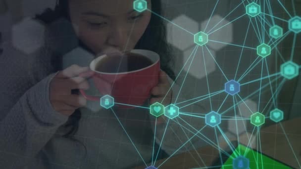 Animation Network Connections Icons Asian Woman Drinking Coffee Network Connections — Video Stock