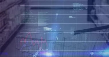 Animation of financial data processing over shopping trolley in shop. Global business, shopping, data processing and networking concept digitally generated video.