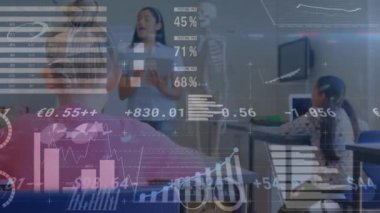 Animation of graphs and financial data over biracial female teacher and diverse pupils at school. School, education, finance and economy concept digitally generated video.