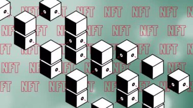 Yeşil arkaplanda NTF metni üzerinden küplerin canlandırılması. Küresel teknoloji ve dijital arayüz konsepti dijital olarak oluşturulmuş video.