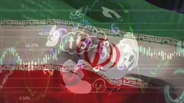 İran bayrağı üzerinde dünya ve sayılarla finansal veri işleme animasyonu. Küresel iş, finans, veri işleme ve ağ konsepti dijital olarak oluşturulmuş video.