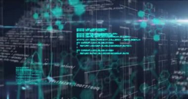 Siyah zemin üzerinde kimyasal formül ve veri işleme animasyonu. küresel bilim, veri işleme ve dijital arayüz kavramı dijital olarak oluşturulmuş video.