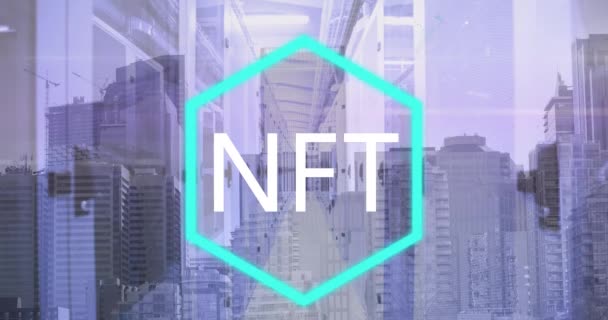 Animazione Testo Nft Server Room Paesaggio Urbano Tecnologia Globale Concetto — Video Stock