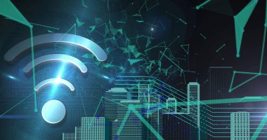 Şehrin üzerinde yüzen kablosuz internet ve dijital simgelerin görüntüsü. küresel çevrimiçi dijital arayüz, iletişim ve arayüz kavramı dijital olarak oluşturulmuş görüntü.