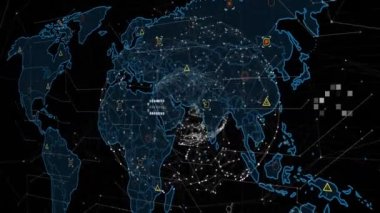 World map over globe of network of connections against black background. Global networking technology concept
