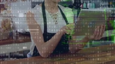 Animation of data processing over caucasian female shop assistant. global business, computing and digital interface concept digitally generated video.
