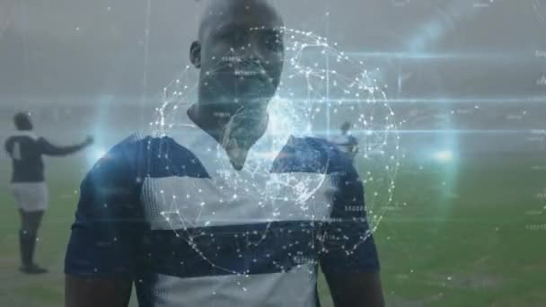 Animation Globe Connections African American Rugby Player Stadium Global Sport — ストック動画