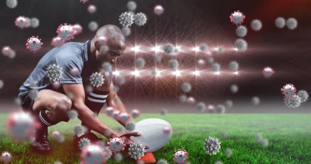 Animation Virus Cells Biracial Male Rugby Player Stadium Spot Competition — Stock videók