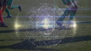Animation of globe of connections over diverse football players. Global sport and digital interface concept digitally generated video.