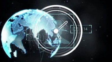 Hareket halindeki saat ve dünya üzerinde çeşitli insanlarla veri işleme animasyonları. Küresel teknoloji ve dijital arayüz konsepti dijital olarak oluşturulmuş video.
