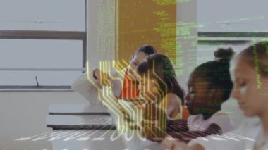 Animation of data processing over diverse schoolchildren using laptops. Global business and digital interface concept digitally generated video.