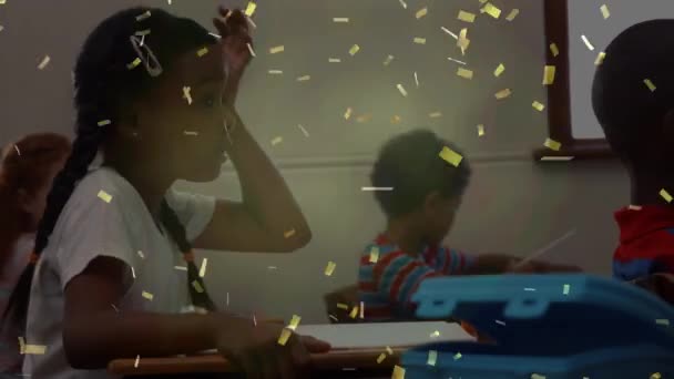 Animation Confetti Diverse Schoolchildren Learning Global Business Digital Interface Concept — Vídeo de stock