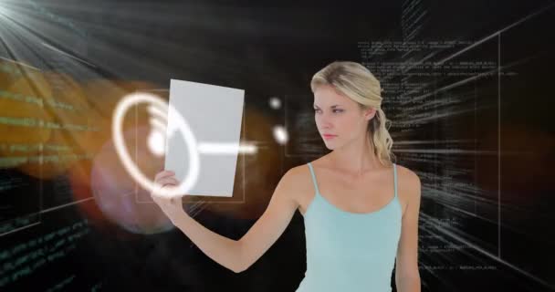 Animation Icons Caucasian Woman Holding Blank Sheet Black Background Network — Video
