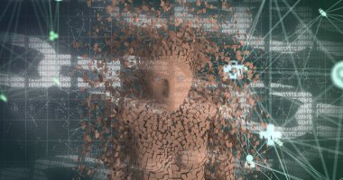 Dijital insan modeli üzerindeki simgelerle bağlantı ağının görüntüsü. küresel veri işleme, hesaplama ve dijital arayüz kavramı dijital olarak oluşturuldu.