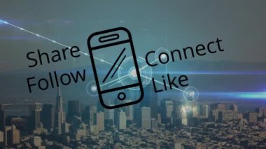 Social media concept texts and smartphone icon against aerial view of cityscape. Global networking and computer interface technology concept