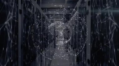 Sunucu odasındaki bağlantı ve dünya ağının animasyonu. küresel iş, bağlantılar ve dijital arayüz konsepti dijital olarak oluşturulmuş video.