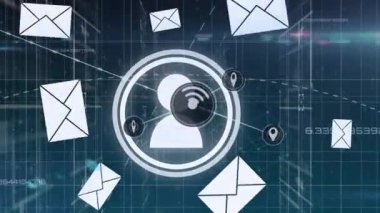 Siyah arkaplandaki simgeler üzerinden bağlantı ağının canlandırılması. küresel bağlantılar, bilgisayar ve dijital arayüz konsepti dijital olarak oluşturulmuş video.