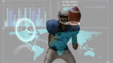 Animation of digital screen over diverse male american football players. Sport, competition, data processing and technology concept digitally generated video.