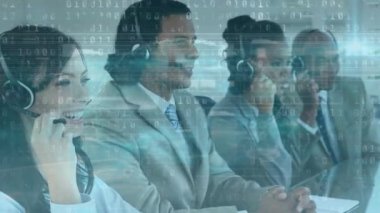 Animation of data processing and interference over diverse business people using phone headsets. global business, computing and digital interface concept digitally generated video.