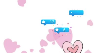 Sosyal medya tepkilerinin ve beyaz arka planda yüzen pembe kalplerin animasyonu. Ağ, sosyal medya, iletişim ve teknoloji konsepti dijital olarak oluşturulmuş video.