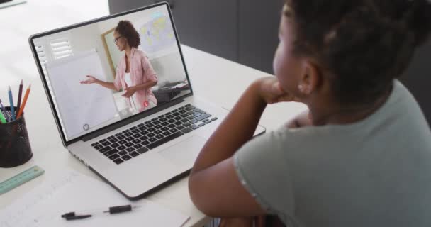 Animation African American Girl Having Online Lessons Laptop Home Homeschooling — Stockvideo