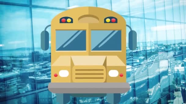 Animation School Bus Icon Cityscape Global Business Digital Interface Concept — Vídeo de stock