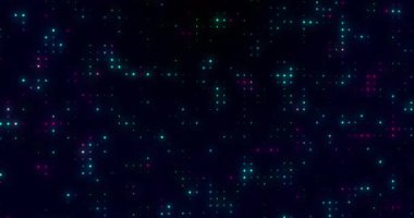Siyah arka planda yanıp sönen renkli noktaların canlandırması. Renkler, şekiller, hareket ve soyutlama konsepti dijital olarak oluşturulmuş video.